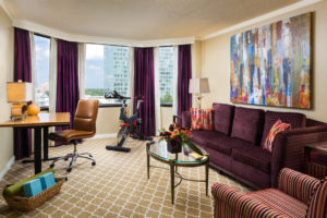 Equipped with yoga props and a stationary spin bike, the suite is a fitness buff’s dream.