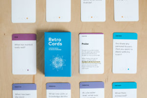 A pack of Retro Cards, which Poe and Rainey created as a tool to help assess the effectiveness of projects