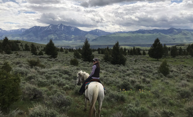 The author and her horse, Ivan, explore the ranch’s rugged landscape.